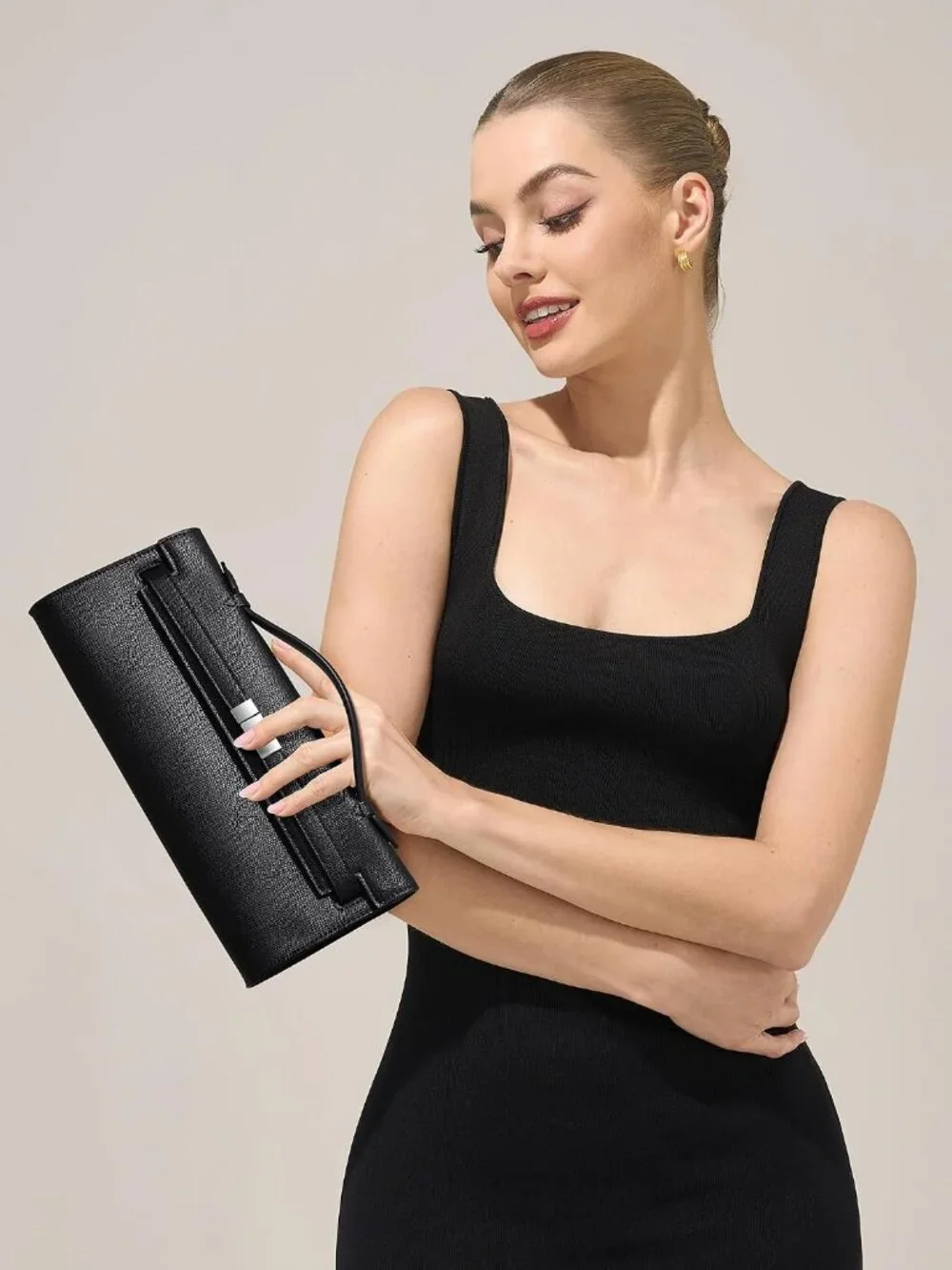 👜Women's Black PU Leather Top Handle Bag Evening Clutch Purse Party Wedding